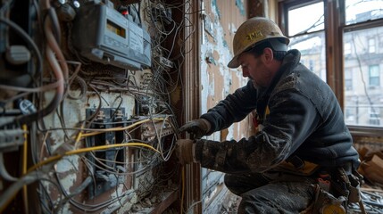 A mechanic replacing old wiring in a historic building renovation project.