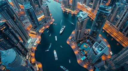 Aerial view of the Dubai Marina in UAE, with its modern skyscrapers, luxury yachts, and the winding...