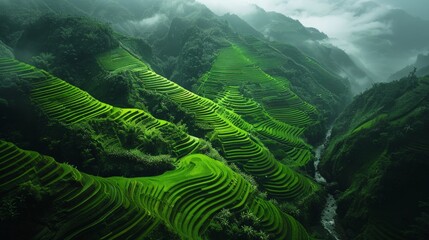 Aerial view of the Banaue Rice Terraces in the Philippines, with their intricate stepped fields carved into the mountainsides and surrounded by lush greenery.     