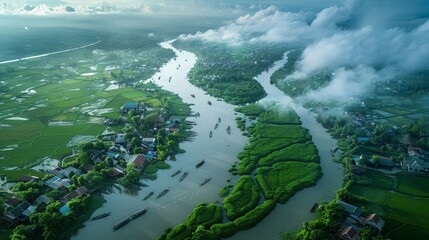 Aerial view of the Mekong Delta in Vietnam, showcasing its intricate network of rivers, lush green rice paddies, and traditional floating markets.     
