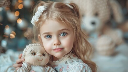  A young girl stands before a Christmas tree, cradling a  bear in the foreground