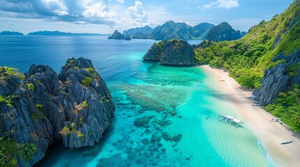Aerial view of the Palawan Island in the Philippines, with its pristine beaches, turquoise waters,...