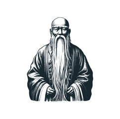 The chinese monk scholar. Black white vector illustration logo.