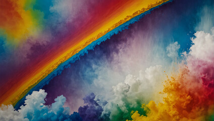This is an abstract painting with bright rainbow colors.

