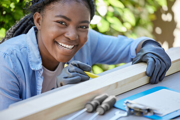 Black woman, portrait or workshop for project, diy or woodwork in manufacturing, building or...
