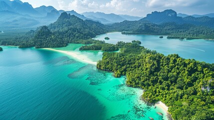 Aerial view of the Langkawi Archipelago in Malaysia, featuring its turquoise waters, white sandy beaches, and lush tropical forests.     