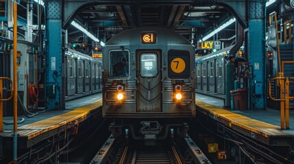 A mechanic inspecting the electrical components of a subway train.