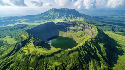 Aerial view of the Mount Aso in Japan, featuring its active volcanic crater, surrounding caldera,...
