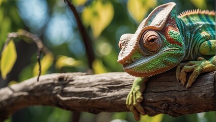 Obraz premium Chameleon on a branch in the forest, close-up