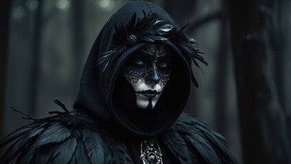 Mysterious man in extravagant clothes with a hood and mask, portrait in a dark forest