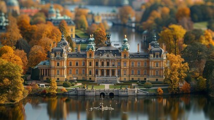 tilt-shift effect Drottningholm Palace, a UNESCO World Heritage Site, is the private residence of the Swedish royal family, surrounded by beautiful gardens.