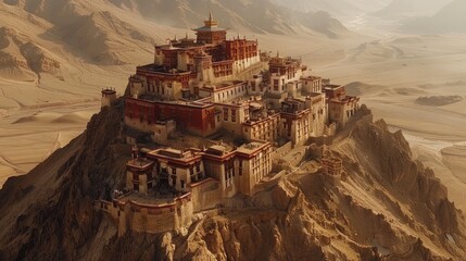 Aerial view of the Thiksey Monastery in Ladakh, India, perched on a hilltop with its red and white buildings and the surrounding barren landscape.     