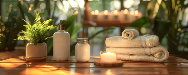 Cozy Spa Ambiance with Aromatic Candles Lush Greenery and Plush Towels on Wooden Surface