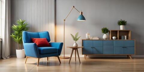 Modern Living Room with Blue Armchair Cabinet and Lamp. 3d Render