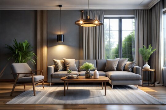 living room rendering with sofa and table, living room wall background, living room background, interior background, cozy living room background, interior design background, gray and dark atmosphere