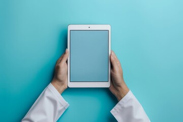A person is holding a tablet with a blank screen - Powered by Adobe