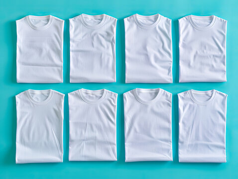 Six white t - shirts on a blue background.