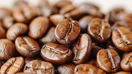 Fototapeta premium Roasted coffee beans stacked on a white table