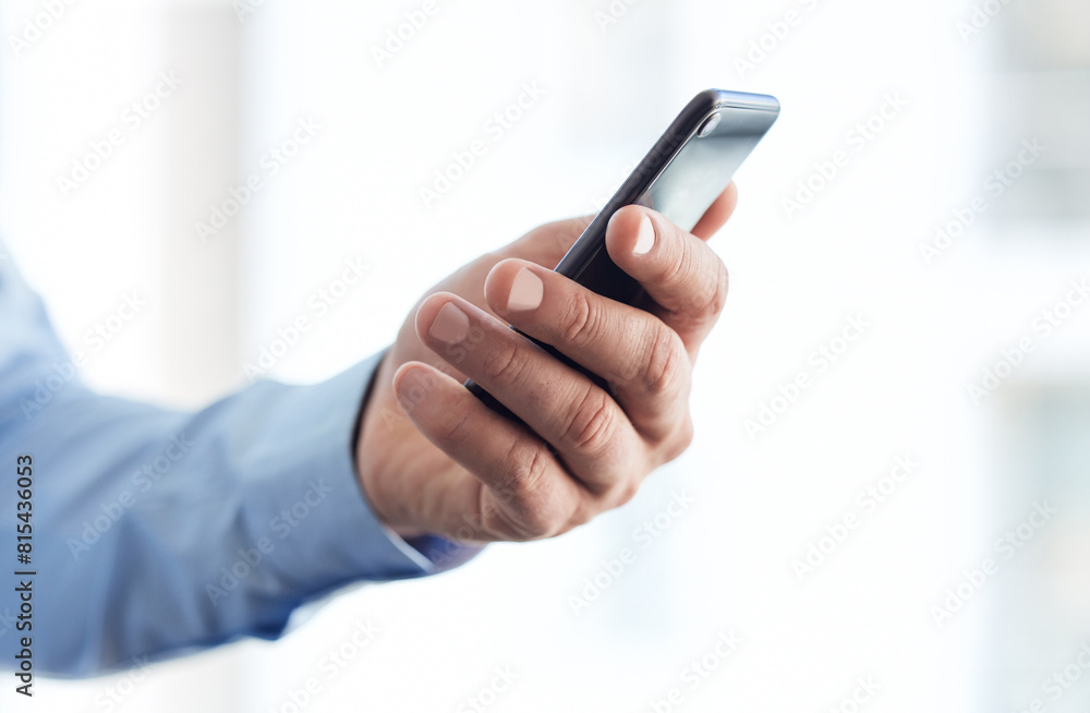 Poster hands, social media and typing with smartphone in office for communication, research or chat. cellph