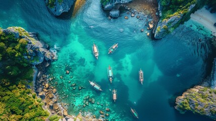 Aerial view of the South China Sea in Vietnam, showcasing the dramatic karst formations, clear blue waters, and traditional fishing boats.     