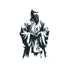 The chinese monk scholar. Black white vector illustration logo.