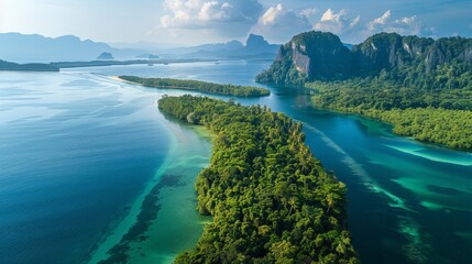 Aerial view of the Bako National Park in Malaysia, featuring its rugged coastline, lush mangrove forests, and diverse wildlife.     