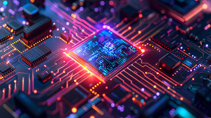 Fototapeta premium Advanced Technology in Quantum Computing, purple neon theme