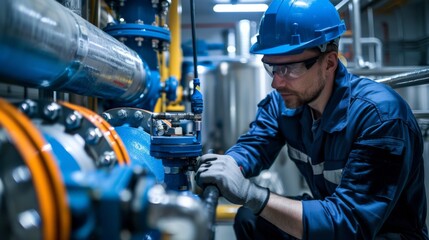 A mechanic calibrating a high-capacity pump in a municipal water treatment plant.