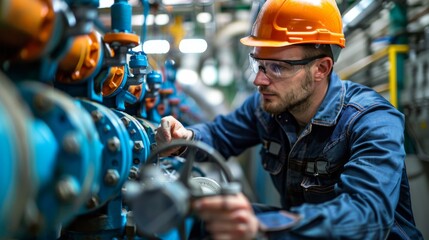 A mechanic calibrating a high-capacity pump in a municipal water treatment plant.