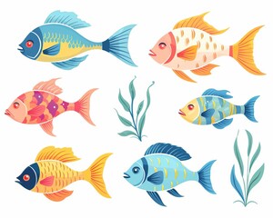 Naklejka premium Fish species flat design side view tropical waters theme cartoon drawing Analogous Color Schem