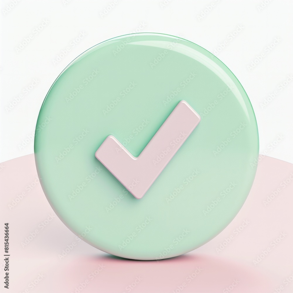 Poster 3d icon of circle shape with a tick mark on it in green pastel color with white backgroun, ai genera