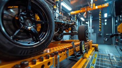 Fototapeta premium A mechanic adjusting the tension in a high-performance automotive testing rig.