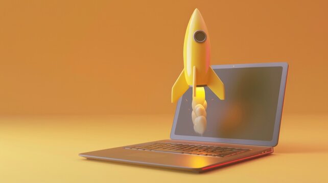 A 3D graphic of a gunmetal gray laptop with a bright yellow rocket blasting upwards from the screen lower bezel, on a mustard background., AI Generative