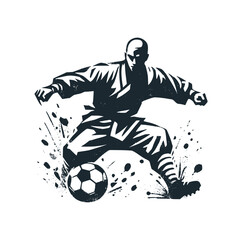 The saolin playing football. Black white vector illustration logo.