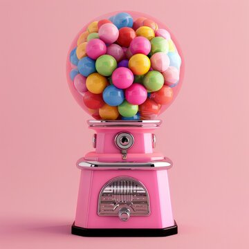 A 3D simple, round gumball machine filled with colorful gumballs, set against a soft pink background., AI Generative