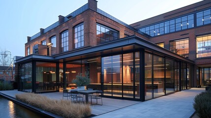 Obraz premium A hybrid office structure combining traditional brick with modern glass extensions.