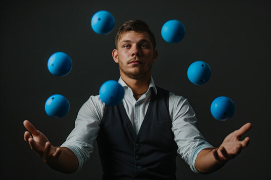 Man juggling blue balls on black background. Stylish Man with black and white shirt posing for the camera
