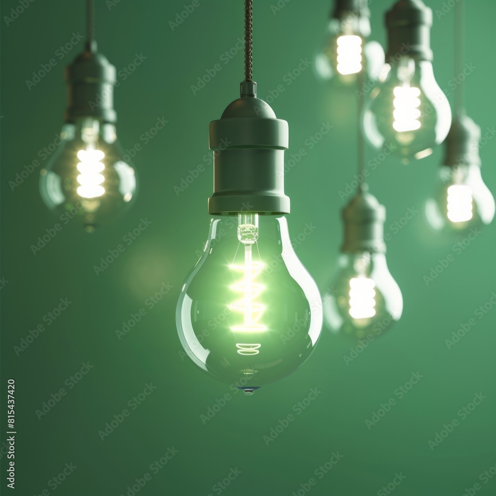 Poster design a 3d rendering showcasing a hanging, glowing energy-saving light bulb, ai generative