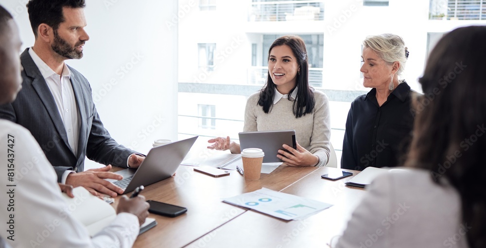 Sticker Teamwork, tablet or business people in meeting for solution, conversation or discussion in boardroom. Laptop, colleagues talking or consultants planning strategy, feedback report or group project