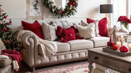 Obraz premium Transform your living room into a cozy Valentine s Day haven with a beautifully decorated sofa and stylish accents