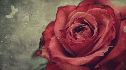 A stunning vintage style image capturing a close up view of a vibrant red rose