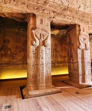 Beautiful pillars with decorations of Hathor, the Mother Goddess inside the Nefertari temple at the rock cut Great Temple of  Abu Simbel built by Ramesses II in Nubia,Egypt