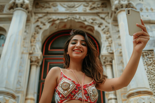 A young female social media influencer travel blogger taking selfie