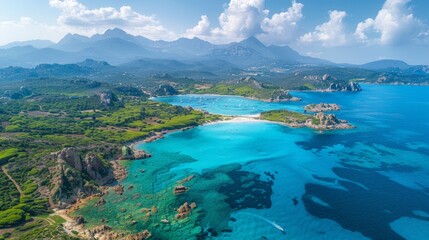 Aerial view of the Sardinia in Italy, showcasing the turquoise waters, white sandy beaches, and rugged coastal landscapes.     