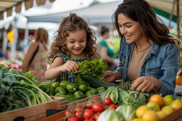 Mothers and daughter exploring a farmers market, picking fresh produce and enjoying the vibrant atmosphere.