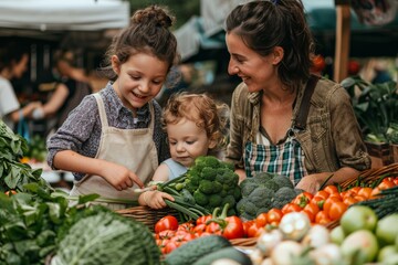 Mothers and child exploring a farmer's market, picking fresh produce and enjoying the vibrant atmosphere.
