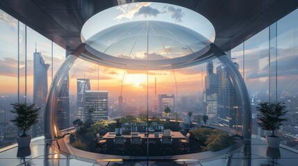 A high-rise office designed with a transparent dome on the rooftop for events.