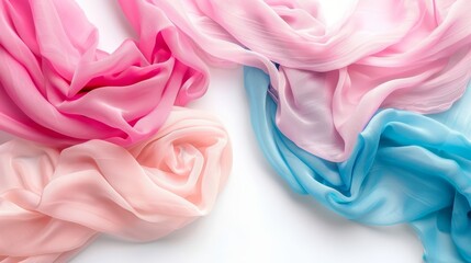  A tight shot of a pink and blue scarves against a white backdrop, with light reflecting in their midst