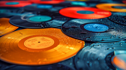 Colorful Vinyl Records with Water Droplets Close-up.