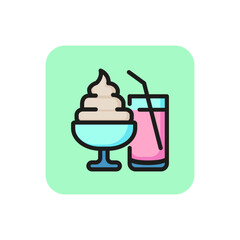 Line icon of ice cream bowl with juice. Dessert, cafeteria, meal. Dish concept. For topics like food, menu, unhealthy eating